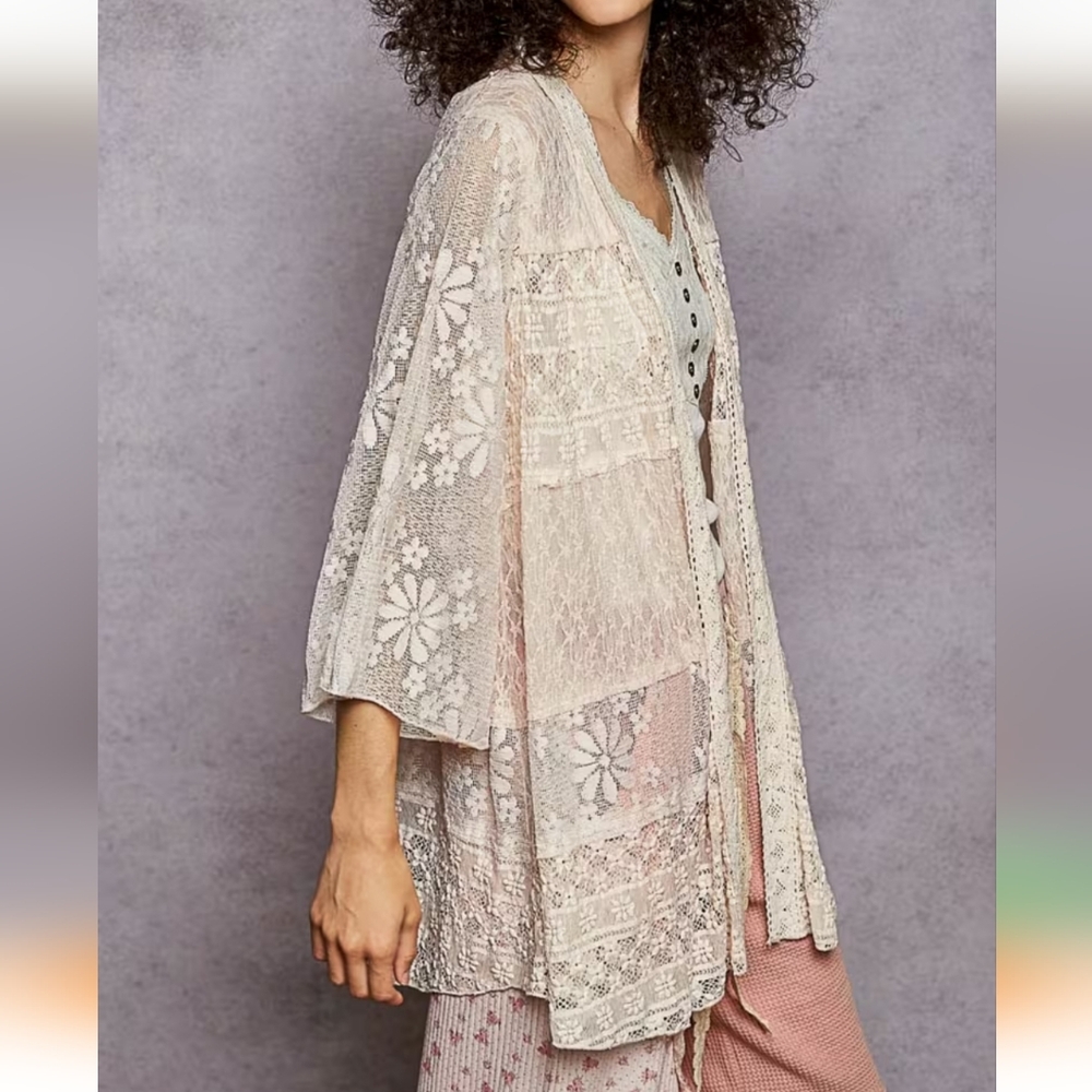 NS02. POL BOHEMIAN FLORAL LACE CROCHET TRIM LIGHT PINK KIMONO CARDIGAN - Picture 3 of 4